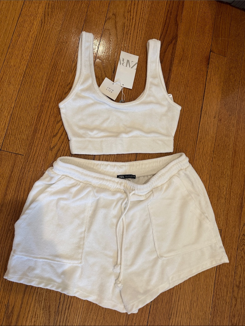 Zara White Terry Crop Tank & Drawstring Shorts Set